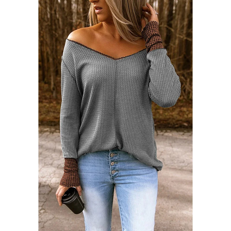 

Wholesale Loose Ribbed Texture Raglan Long Sleeve Off Shoulder Tops Women, Customized