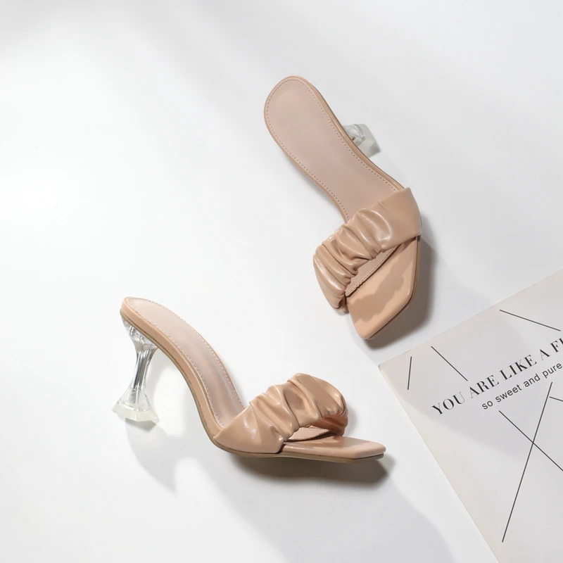 

2021 New trendy design high heel slippers office party slippers sandals for women and ladies, Black, beige