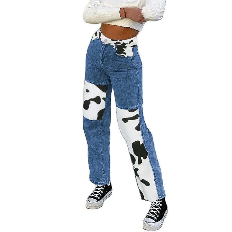 

Ladies Straight Fashion Cow Color Matching Fall Casual Jeans Pants, Blue,black