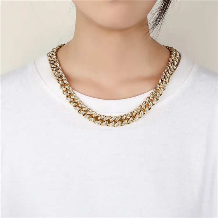 

Top Selling High Quality 12mm Gold Plating Miami Cuban Necklace Full Bling Crystal Iced Out Chunky Cuban Chain Necklace