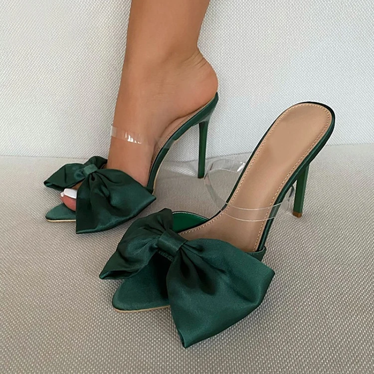 

Wholesale Woman Shoe Bow Female Slippers 2021 Pointed Toe Strappy Slides Party Clear High Heels Sandals For Women, Picture