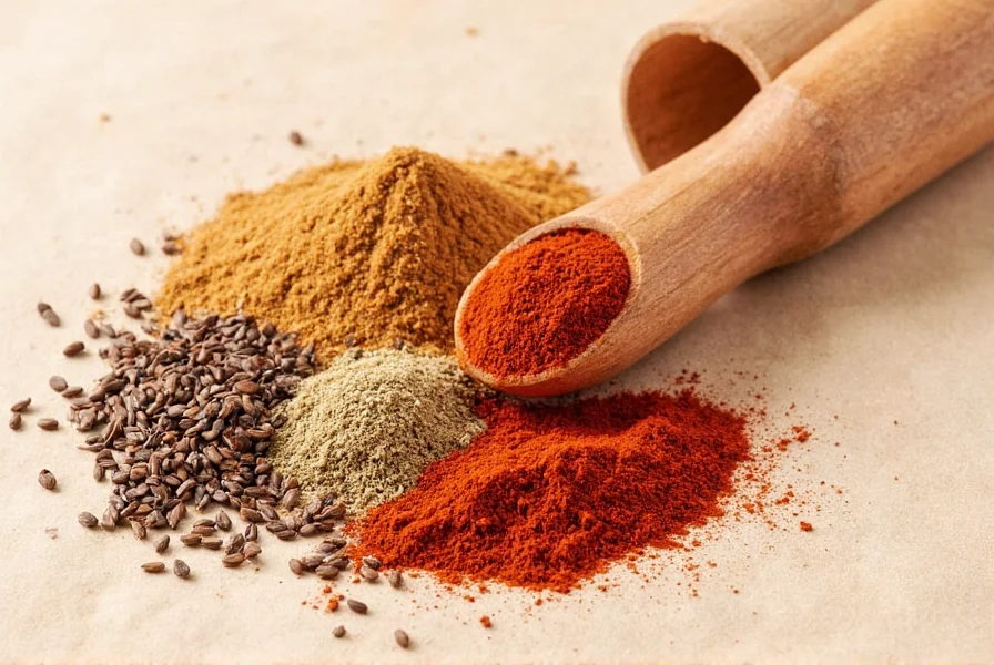 Close-up of three small bowls containing cinnamon, cloves, and nutmeg spices arranged for allspice substitute