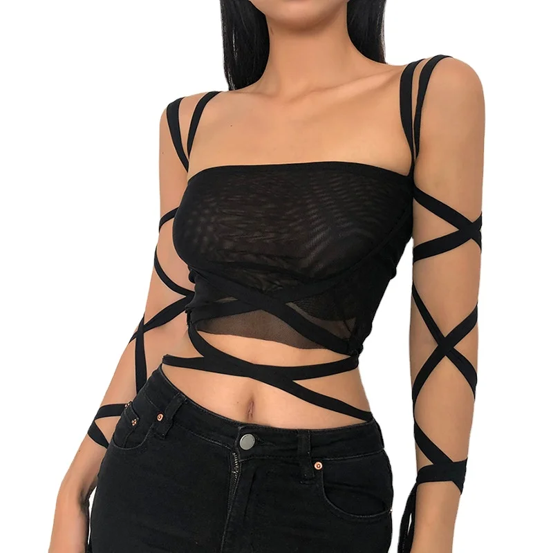 

Black Mesh Lace Up Bandage Crop Top Fairy Grunge Aesthetic Clothes Cyber Y2k Mall Goth Tanks Sexy Clothing