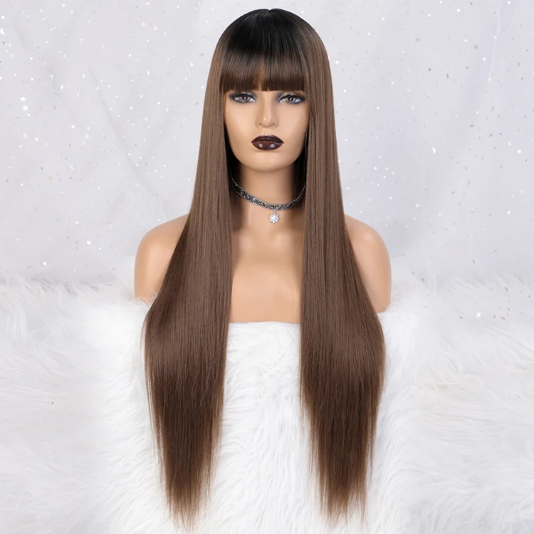

Aisi Hair Wholesale Long Silky Straight Ombre Brown Wig With Bangs Swiss Lace Wigs Synthetic Hair Wigs For Black Women