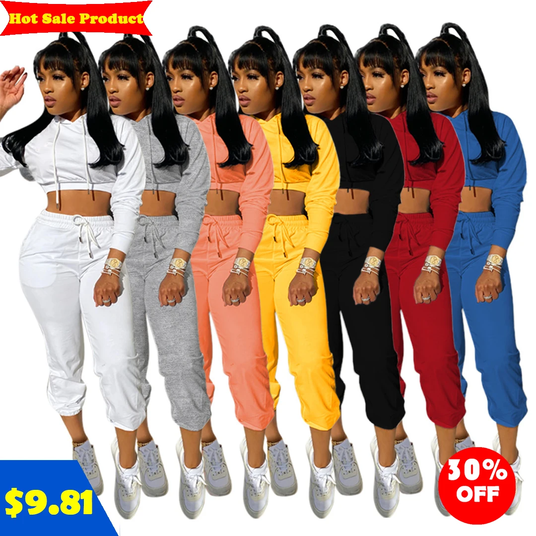 

fall 2021 women clothes Autumn and winter burst long sleeve crop top hoodies trouser pants ladies home leisure sports suit, As picture