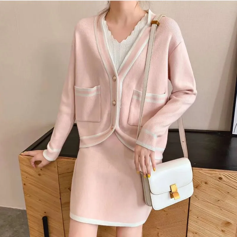 

2020 spring new arrival office lady slim fit short cardigan and mini skirt sweater set