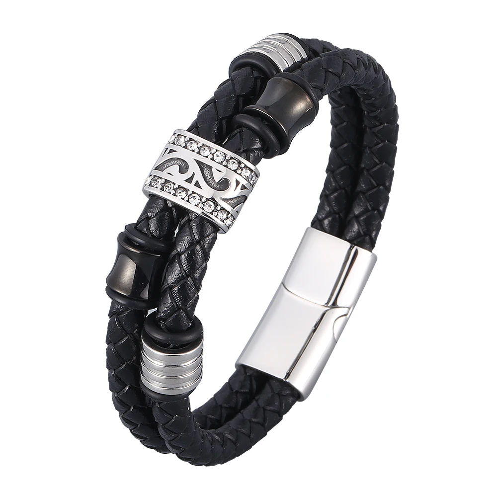 

Punk Black Double Genuine Leather Braided Bracelets Bangles for Men Stainless Steel Vintage Male Wrist Band Hand Jewelry SP0953