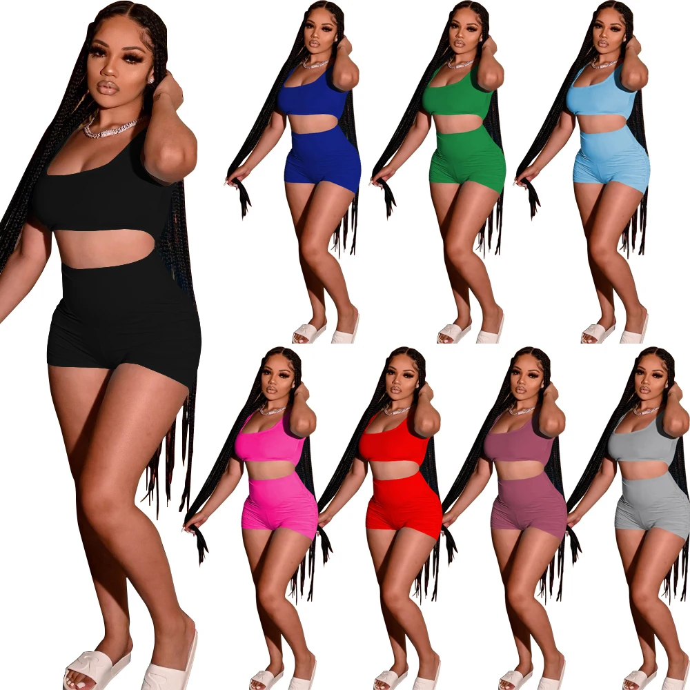 

2021 Women 2 Piece Short Suit Sexy Skinny Sleeveless Off Shoulder High Waist Shorts Casual Sporty Stretchy Jogging Suit Tank Top