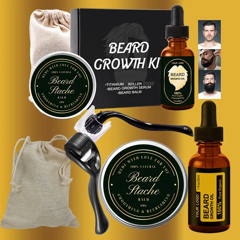 

Hot Selling custom logo Professional Organic Beard Roller Beard Growth Oil Balm Care Set Beard Grooming kit for Men