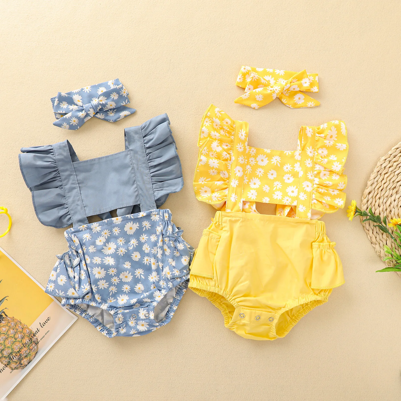 

wholesale new fashion baby girl romper suit 2pcs sleeveless floral baby romper