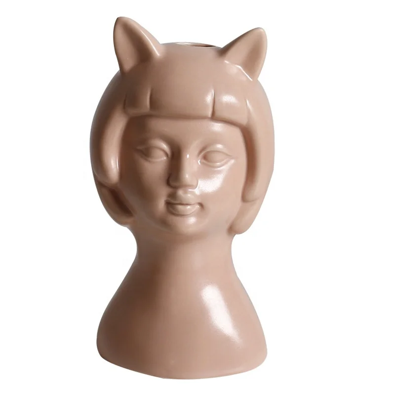 

American style creative girl doll design lovely desktop ornaments artificial fake dried flower ceramic flower vase, Blue , white , yellow , pink