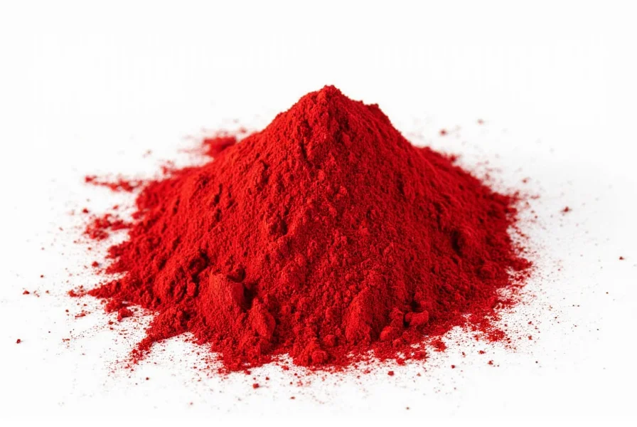 Close-up of genuine saffron powder showing deep red-orange color in a glass container with measuring spoon