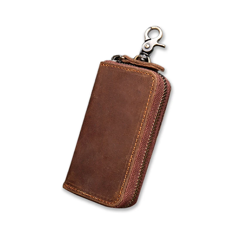 

New Design Crazy Horse Leather Car Key Holder Case Key Wallet Coin Purse Keyring Zipper Pouch Waist Hanging Key Bag for Men, Coffee