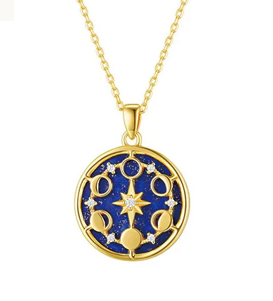 Unique Round Blue pendant moon and star necklace 14k gold plated jewelry necklace