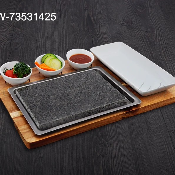 

Lava stone lave with white ceramic plate baking pan stone barbecue oil free baking pan for hotel and restaurant