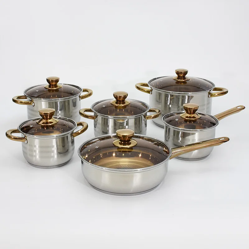 

High Quality Home 12 Pcs Gilded Non Stick Stainless Cookware Sets Kitchen, As the picture