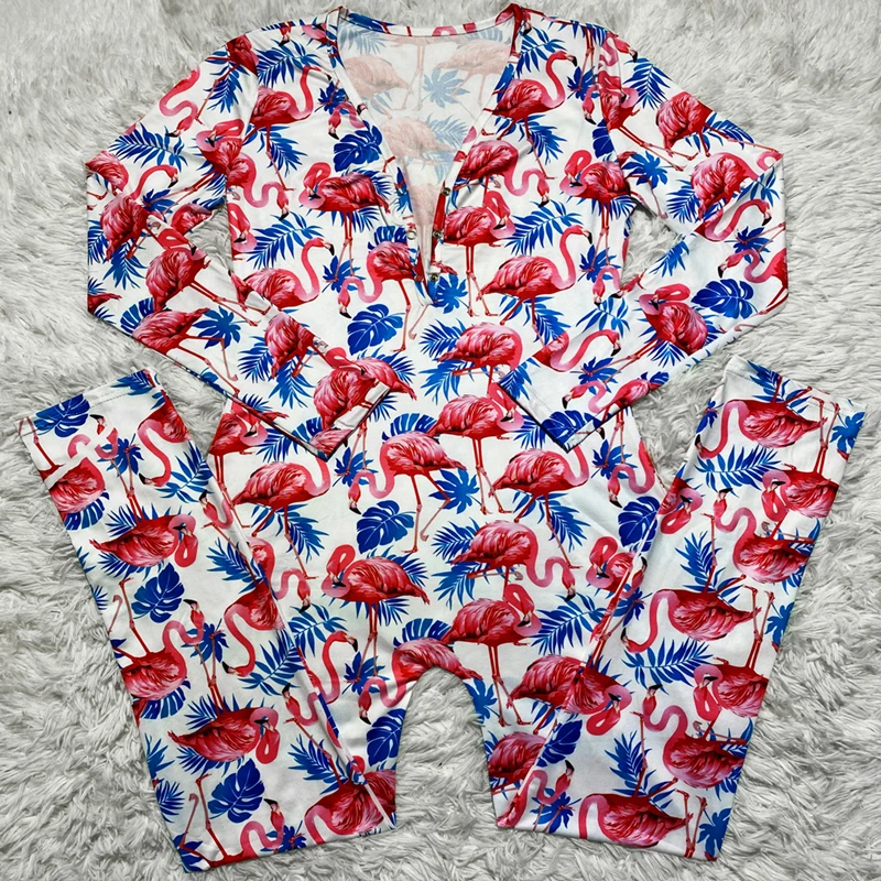 

High Quality Wholesale Women Long Sleeve onesie Pajamas Sleepwear Women Adult Long Pants Printed Onesie Romper Jumpsuit Onesie, 17colors