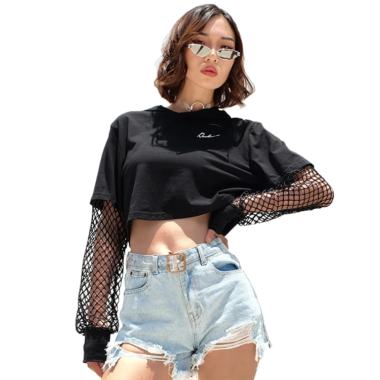 

Fashion Custom Logo Printing Hoody Solid Color Mesh Patchwork Long Sleeves Women Crop Top Hoodies