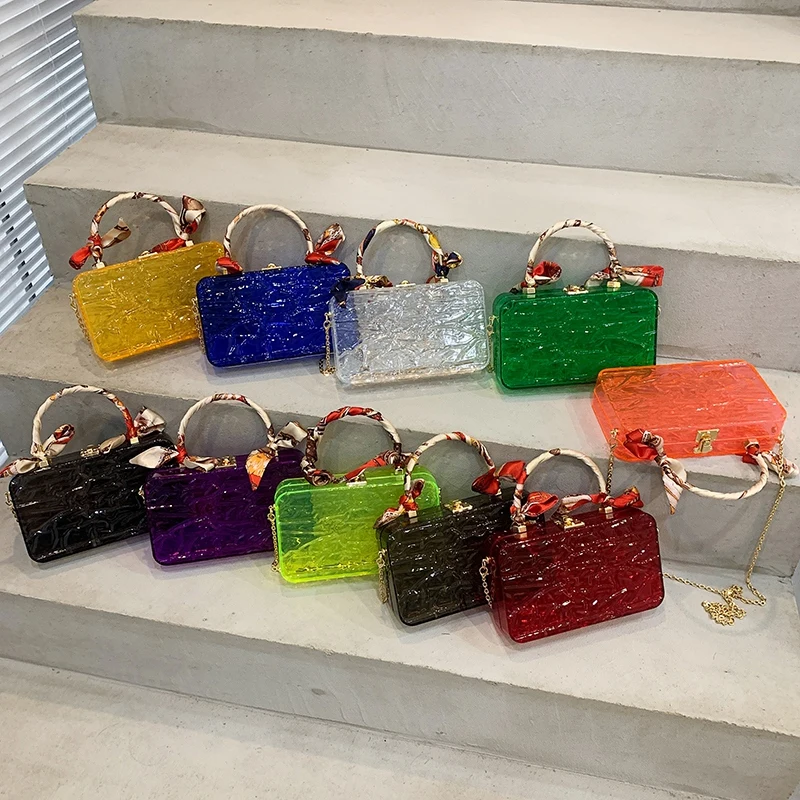 

2021 summer Fashion acrylic chain shoulder bags transparent neon jelly purse women handbags with scarves