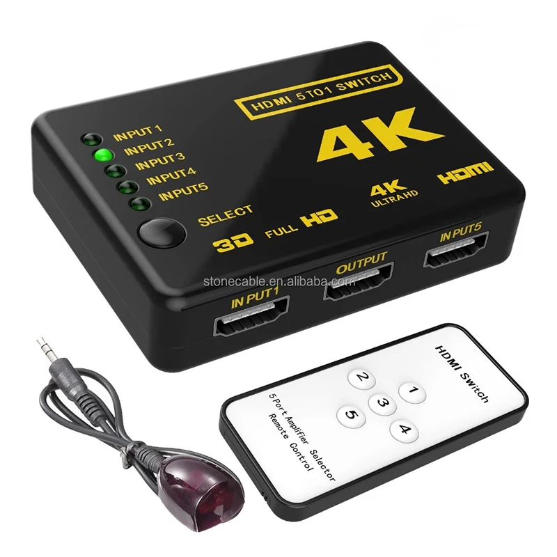 

5 In 1 Out HDMI Switcher 5x1 4K 30Hz 5 Ports HDMI Switch With Remote Control IR Receiver - 4K HDMI 5 Port, Black