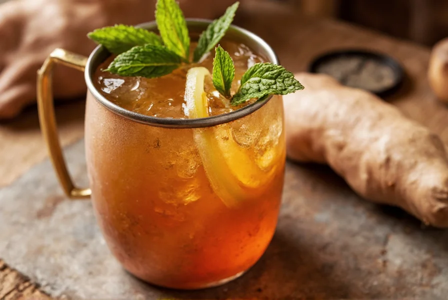Homemade ginger brew cocktail in copper mug with fresh ginger slices and mint garnish