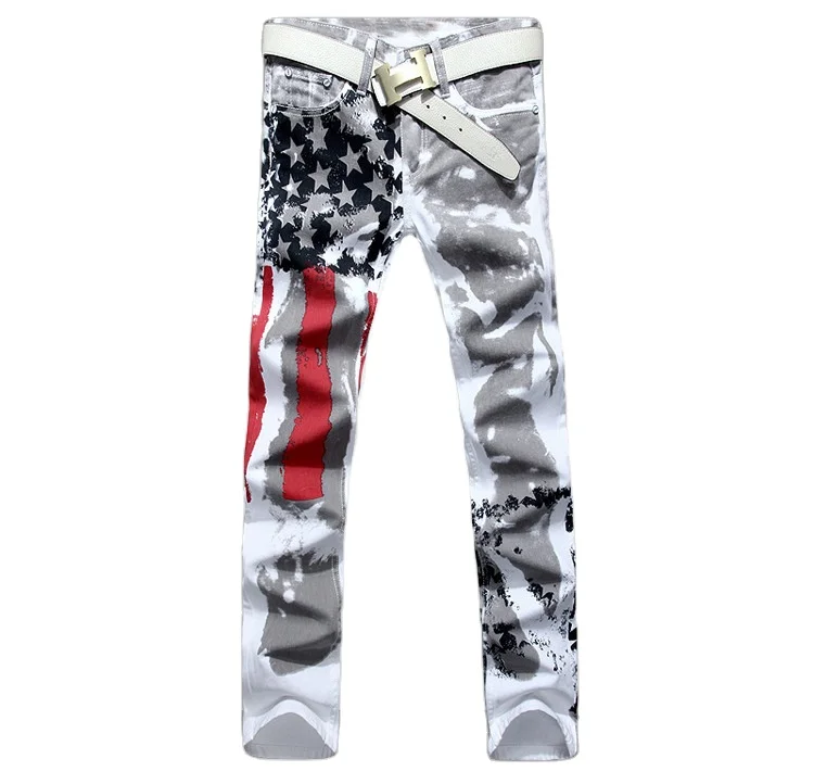 

Fashion flag print high quality stretch casual men's jeans plus size print male elastic pants stripe trousers, White
