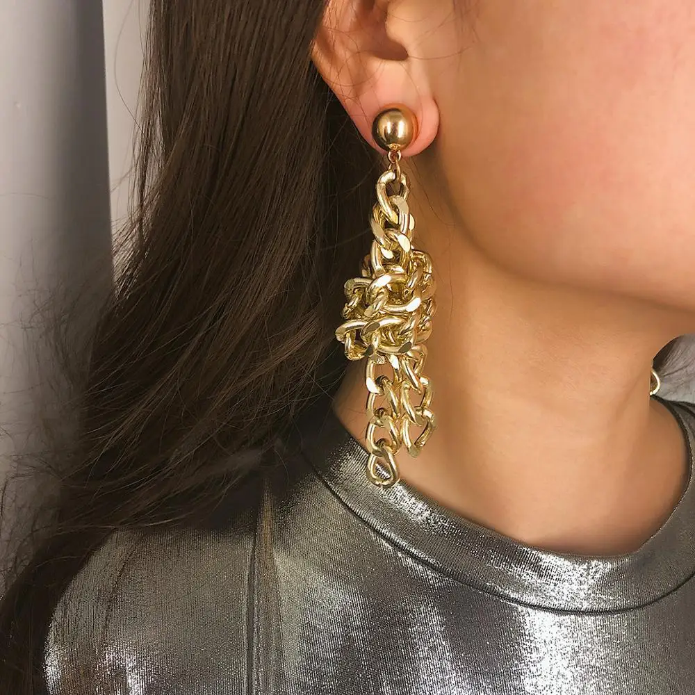 

Ruigang America Punk Exaggerated 18K Gold Metal Chain Long Hanging Knotted Link Dangle Earrings