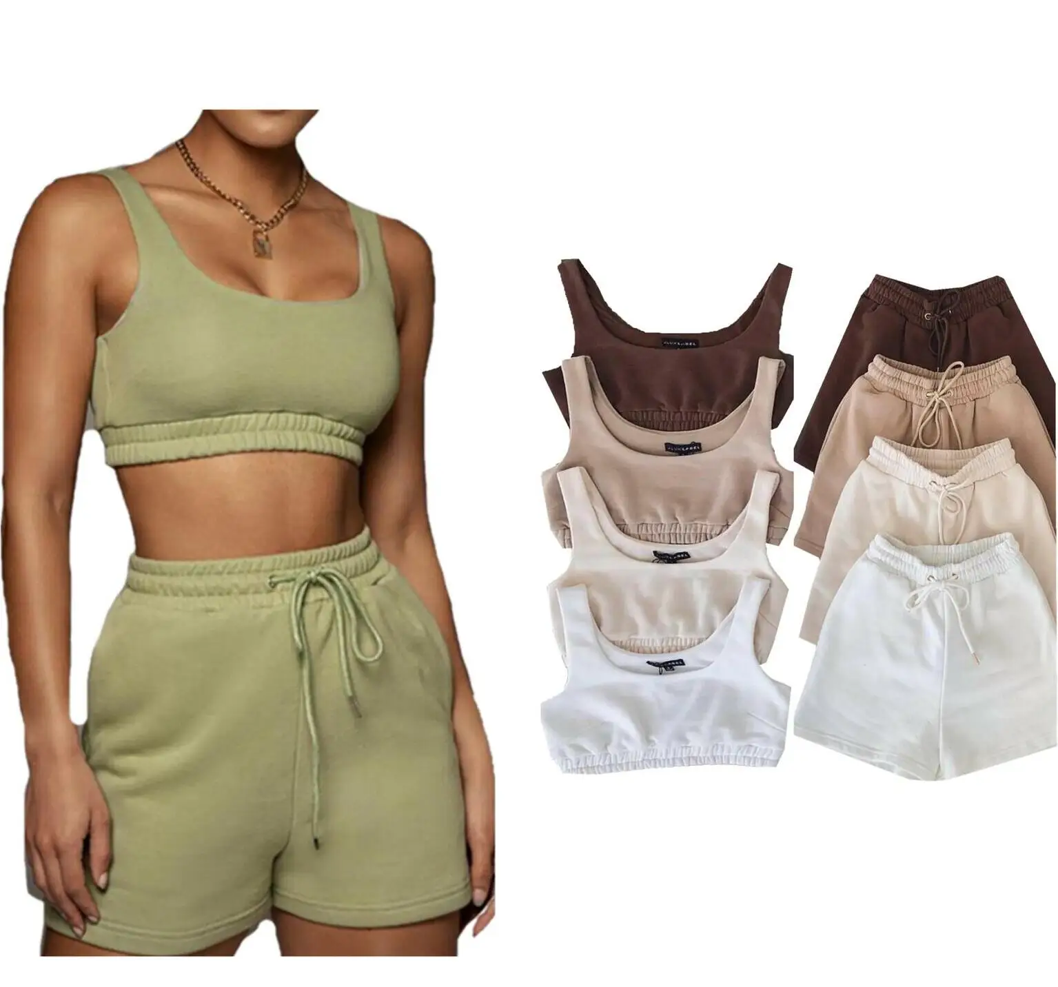 

High quality cotton terry lined vest tank top bra women summer biker shorts two piece set