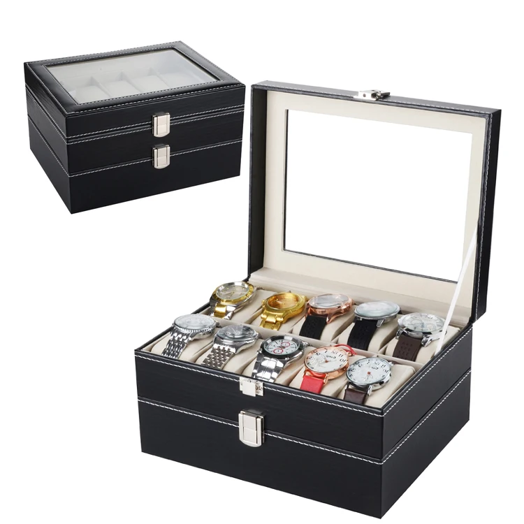 

New Style Wholesale Display Window 2 Layers 20 Slots Black Leather Luxury Watch Box Storage Packaging Case For Men Watch