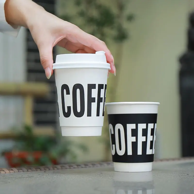 

RTS 16oz Disposable Custom Logo Double Wall Paper Coffee Cup Party Supplies Kraft Paper Tea Cup For Hot Drinks With Flat Lids