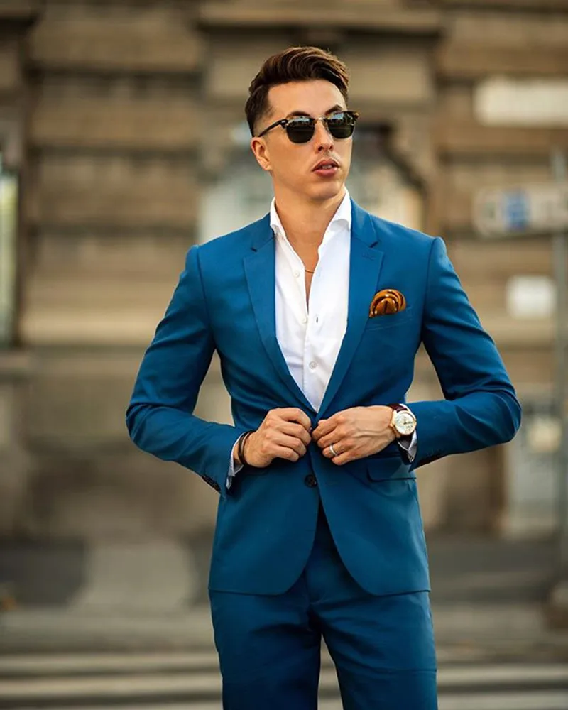 

Latest Design Blue Notched Lapel Mens Suits 2 Piece (Jackett+Pants) Traje Hombre Office Business Wedding Prom Suit Slim Fit, Same as picture/custom made