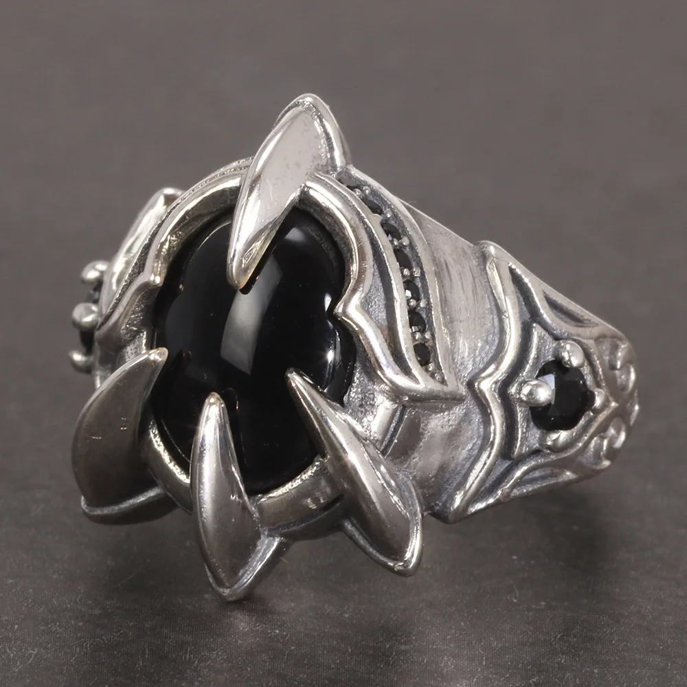 

Really Pure 925 Silver Ring Cool Antique Paw Ring Men's Natural Stone Oval Black Agate Retro Hip Hop Adjustable Jewelry