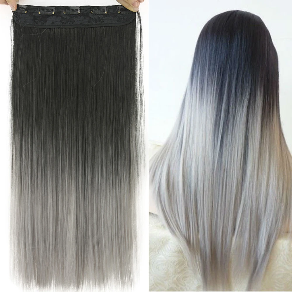 

60cm Synthetic Straight Black To Ombre 5 Clip In Extensions Hairpiece False Hair on Hairpins for Women