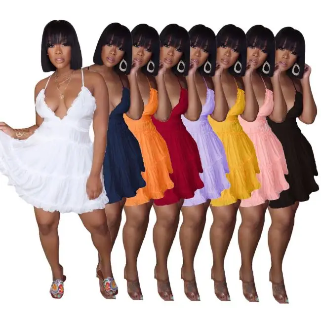 

2021 new women dress clothes summer spanghetti strap girls ladies sleeveless a-line casual dresses tiered cake dress