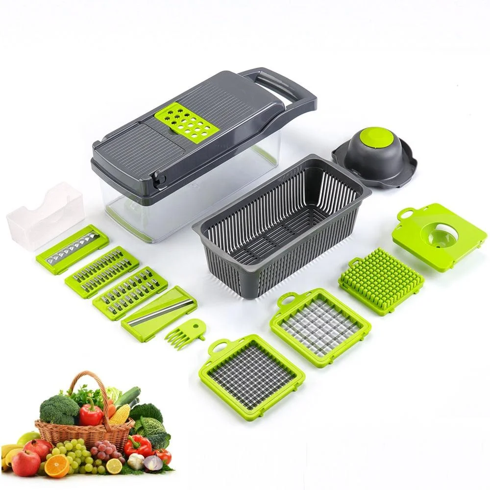 

12 in 1 hand operated vegetable mandoline slicer vegetable cutter food dicer shredder with strainer and egg separator, Green