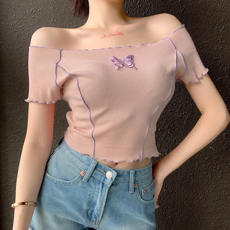 

2020 Summer Butterfly Embroidered Solid T Shirt For Women