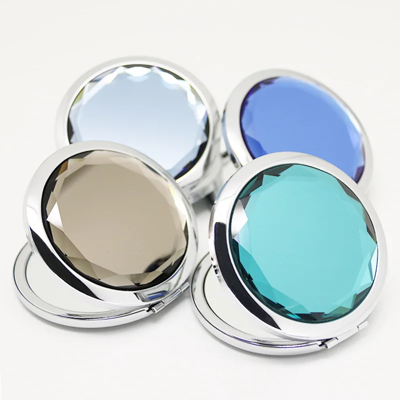 

Ready to ship Metal Round crystal makeup mirror Double folding portable mirror pocket mirror, White,yellow,purple,green,black,sapphire,navy,orange,tawny,champagne