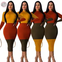 

9082708 hot onsale new design autumn dress long sleeve O-neck sheath mid-length women color block bodycon dress