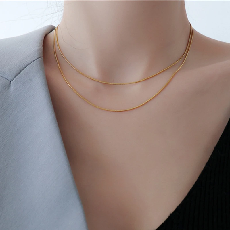 

Womens Fashion Necklace Jewelry 18K Gold Plated Stainless Steel Around 2 rows Snake Chain Necklace Trendy Jewelry