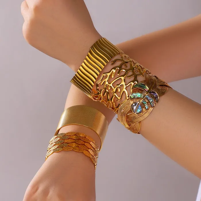 6 Styles Fashion New Leaf Stainless Steel Gold Plated 18k Gold Exaggerated Opening Bracelet Set for Women Men