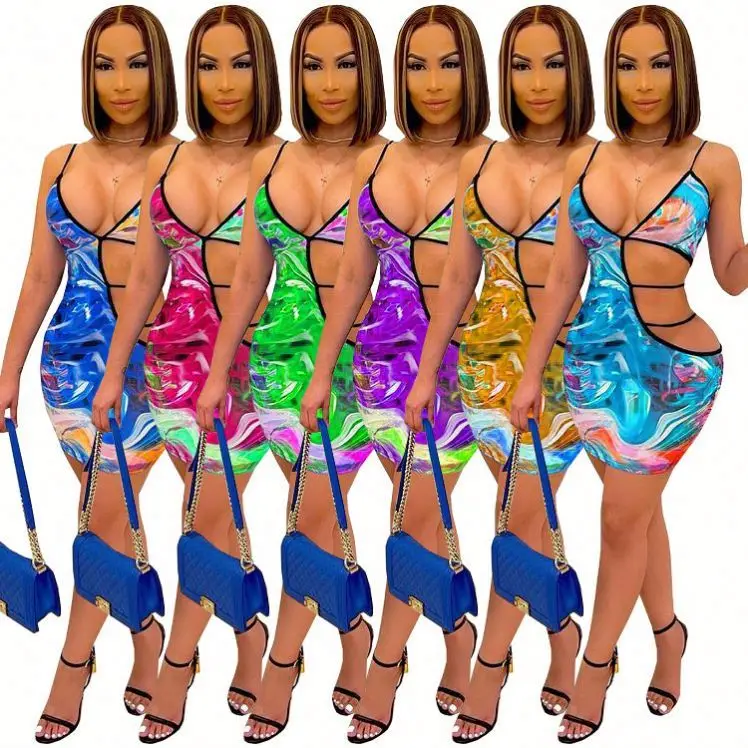 

Sexy Tie Dye Hollow Out Mini Dress Off Shoulder Summer Beachwear Outfits For Women Vintage Clothes Club Party Dresses