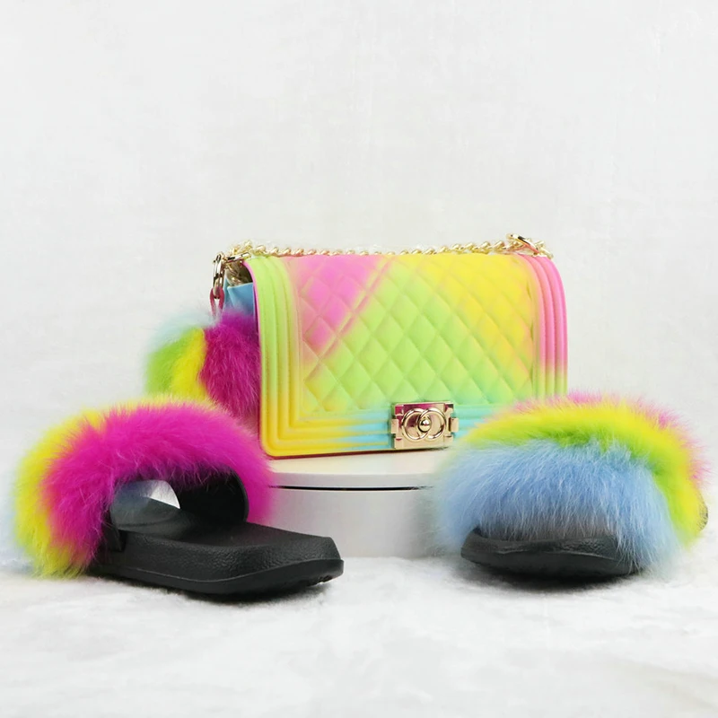 

wholesale rainbow faux fox sandals slides furry fluffy women fur slippers with jelly purses set