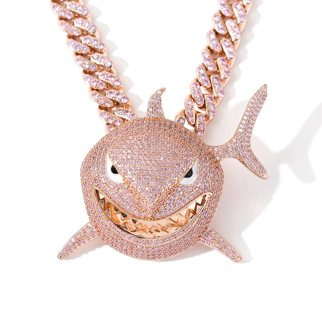 

Hip Hop Iced Out Pink CZ Diamond Pendant Shark Pendant Rose Gold Cuban Chain Necklace Men's Brass Cubic Zircon Animal Jewelry