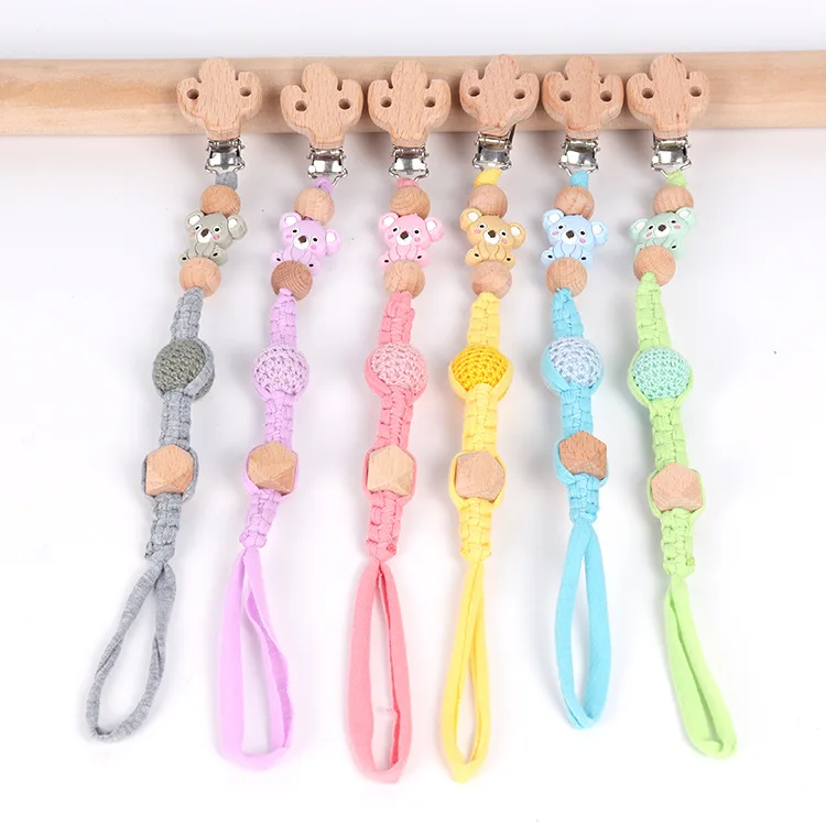 

Natural Beech Silicone Baby Pacifier Chain Clips Crochet Handmade Woven Nursing Baby Pacifier Clips