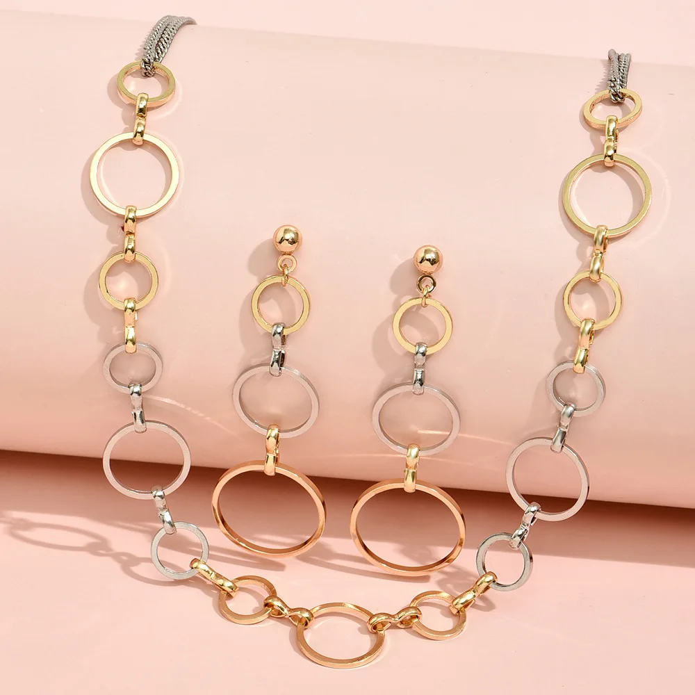 

Simple Hot Sale Gold Silver Plated Ring Buckle Necklace Earrings Set Gold Silver Tone Circle Knot Chocker Necklace Earrings