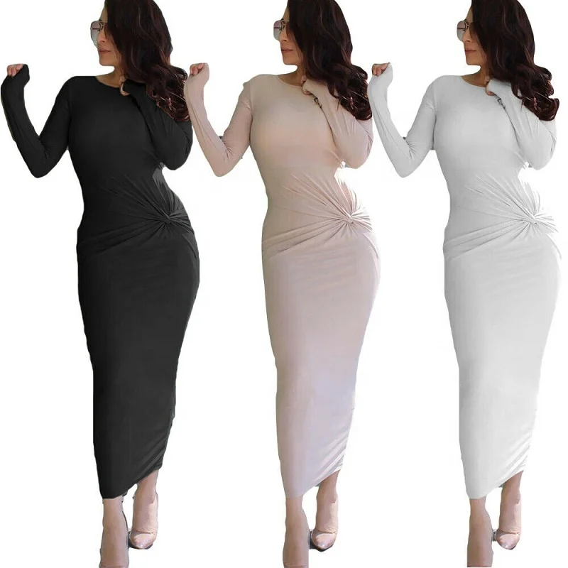 

Muslim women long sleeve bodycon dress maxi abaya kaftan strech robe islamic clothing, Black, white, beige