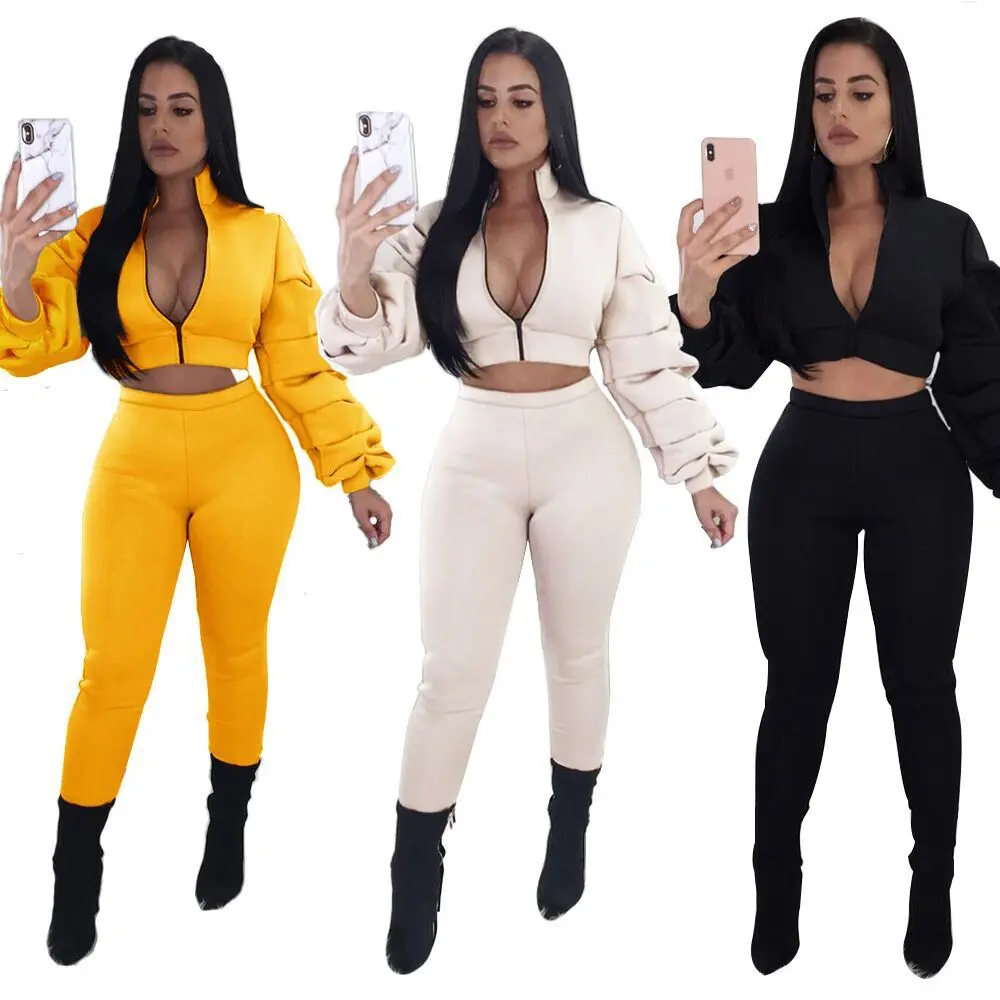 

FM-Y5064 Fashionable pantsuits outfit with puffed sleeves are high elastic thickened two piece set women clothing, As pictures