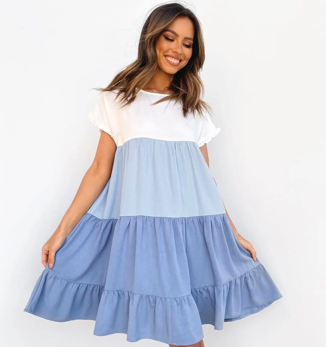 

Women Short Sleeve Ruffle Color Block Midi Dress