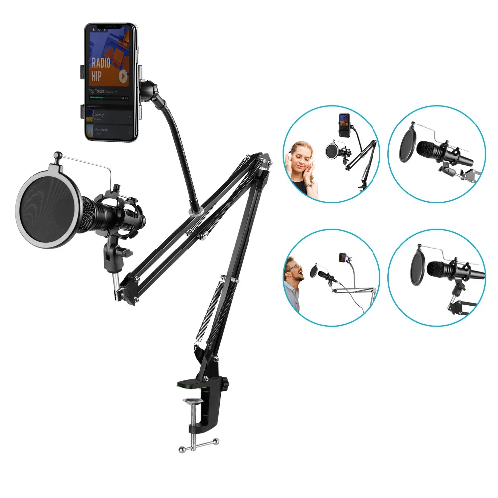 

GAZ-103 Adjustable Recording Mic stand Arm Scissor Arm + Microphone Pop Filter + Shockproof Frame + Mobile Phone Hold, Black,white,red,blue