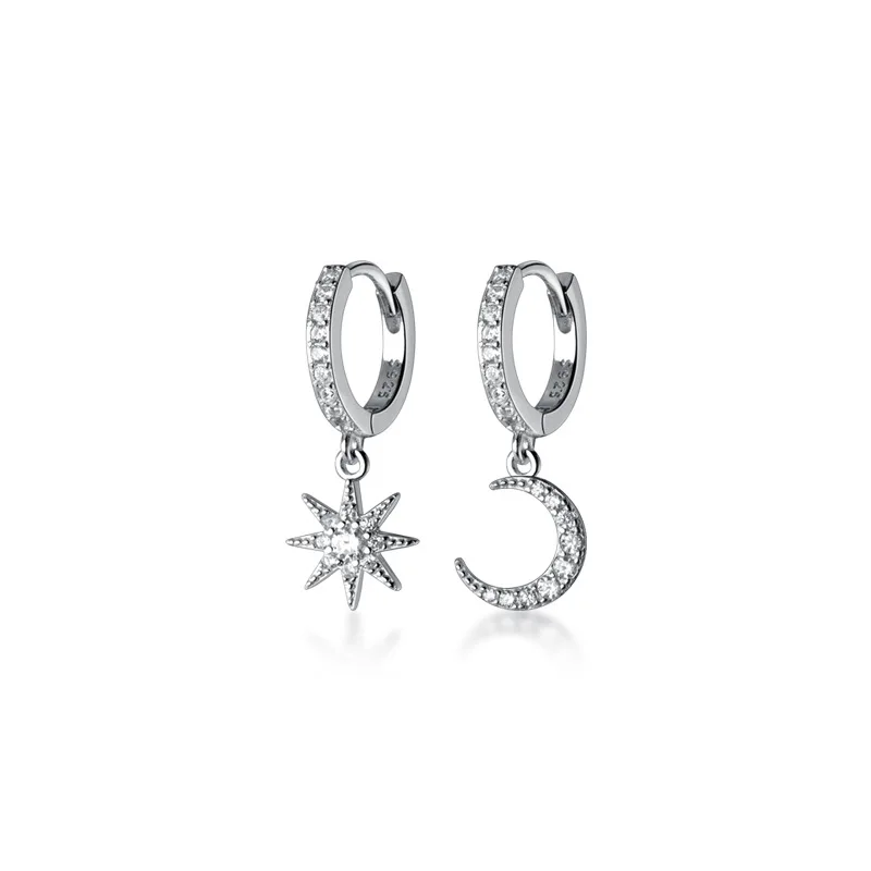 

925 sterling silver jewelry asymmetric single diamond awn star set moon earrings, Silver color